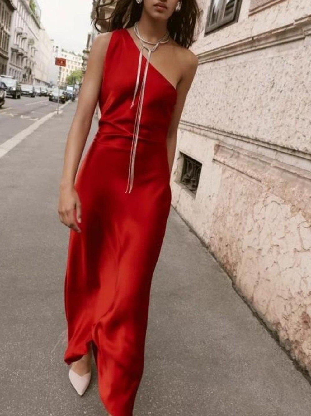 Zara One-Shoulder Red Satin Gown